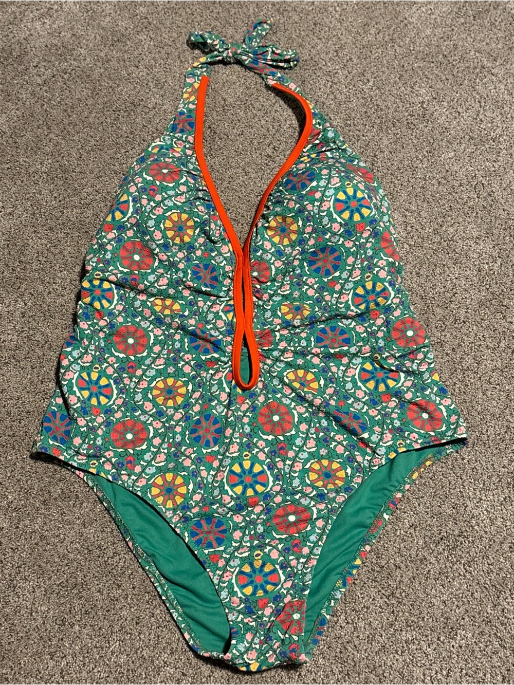 RHODE Green Floral Halter One-Piece Swimsuit with Orange Trim